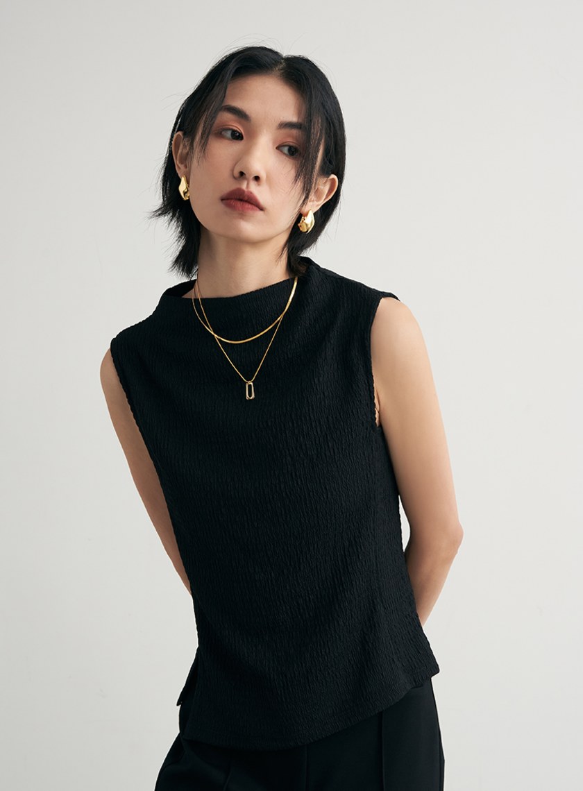 肌理感彈性無袖半高領上衣